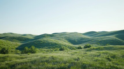 Naklejka premium Rolling green hills under a blue sky.