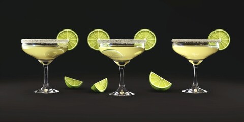 Pair of margarita cocktails with lime slices adorning the rims. Classic tequila-based drink concept