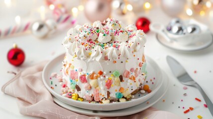 A frosted cake with colorful sprinkles and candy, sitting on a white plate with a pink napkin