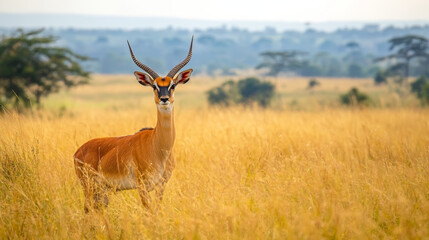 Fototapeta premium Ugandan antelope known as kob roaming in the golden fields of Murchison Falls National Park.