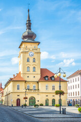 View at the Town hall with Clock tower in Zatec town, Czech Republic