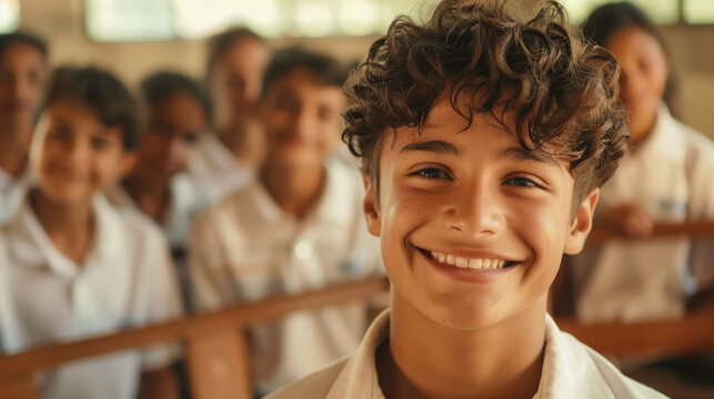 Brazilian young teen boy smiling after graduate from high school looking away on a classroom background and white shirts