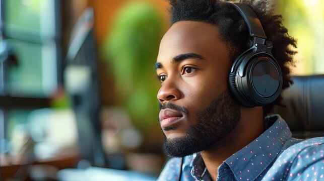 Contented remote worker wearing headphones with a microphone, looking away thoughtfully, isolated on a neutral background, representing modern telecommuting and virtual collaboration concepts.