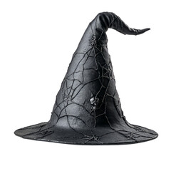 A spooky black witch hat adorned with cobwebs and details, perfect for Halloween celebrations or themed parties.