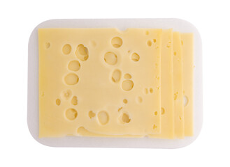 sliced cheese in plastic package isolated on white