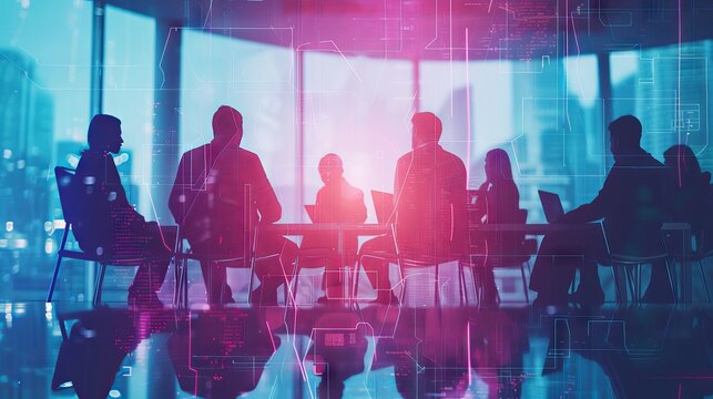 Corporate team strategizing in a collaborative meeting with digital technology tools for advanced marketing data analysis and informed investment decision-making in a modern business environment - Powered by Adobe