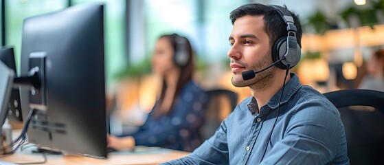 Telemarketing call center agent providing professional customer support and assistance, engaging in online communication through microphone for CRM, sales, and client consulting services