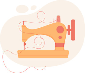 Sewing machine, hand drawn sewing tool illustration, cartoon dressmaking supplies design, vector tailor craft decoration element, doodle embroidery accessories object,