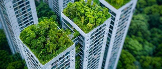 modern sustainable cityscape with rooftop gardens and greenery, aerial view of eco-friendly urban development, sustainable architecture and urban desi