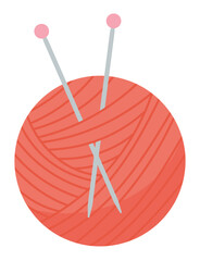 Knit yarn ball and needle sticker, flat crochet craft tool object, doodle tailor supplies element, cartoon dressmaking decoration illustration, vector knitting accessories design,