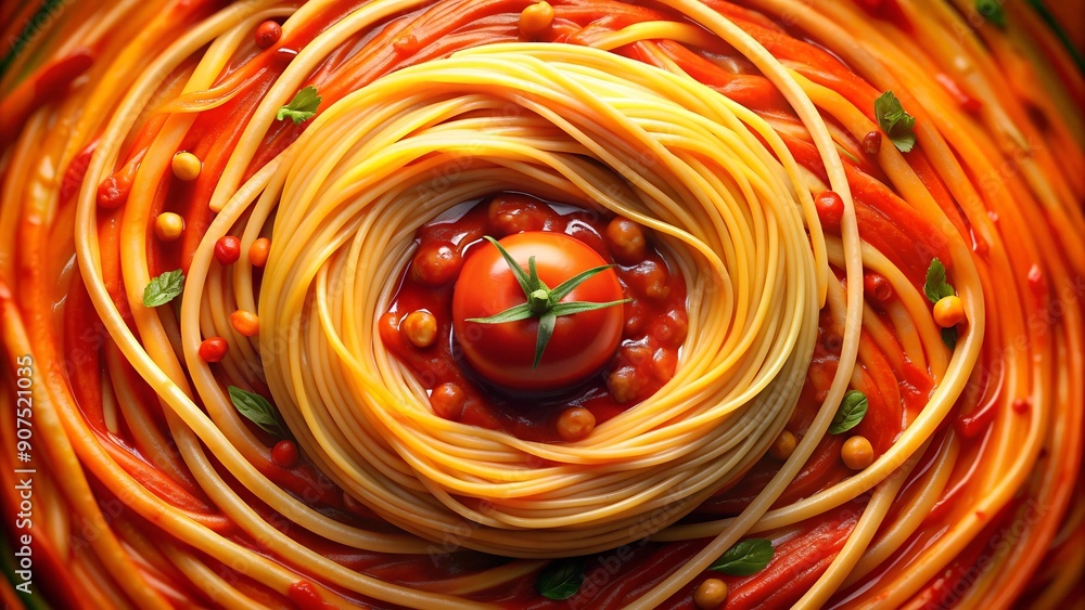 Poster a symphony of red: spaghetti and tomato sauce suspended in a vortex of color generative ai
