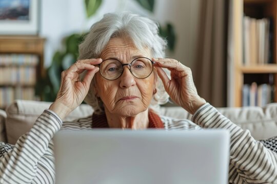 Poor eyesight. Senior woman squinting eyes using laptop, touching glasses, having problems with vision, sitting on sofa at home, Generative AI