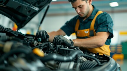 professional automotive mechanic inspecting engine in garage workshop - car repair and maintenance concept.