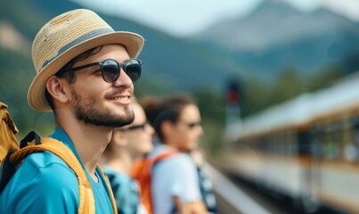 happy young man with backpack and sunglasses waiting at train station platform, looking at train arriving in the distance.