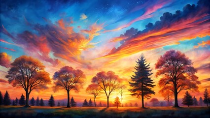 Obraz premium Serene Sunset Symphony: A Watercolor Tapestry of Silhouetted Trees Generative AI