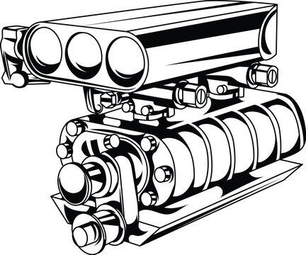 black and white line art vector illustration of racing car supercharger eps 10