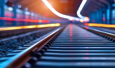 urban railway tracks with blurred lights, perspective view, transportation, railroad, city, modern, infrastructure, night, abstract, long exposure, mo