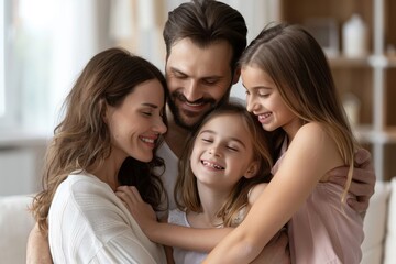Obraz premium Happy loving family. European man, woman and girl hugging and smiling at each other, parents embracing their daughter standing in living room, copy, Generative AI