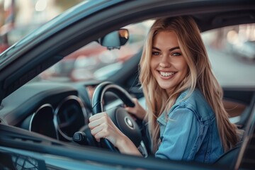 Happy cheerful young woman driver sitting in front seat, holding auto steering wheel, driving her new nice car and smiling, Generative AI