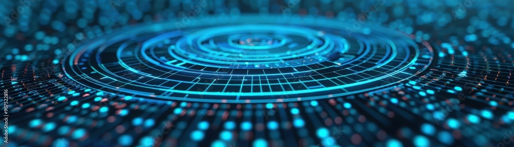 Poster abstract digital background with glowing blue circles and particles, representing technology, data, 