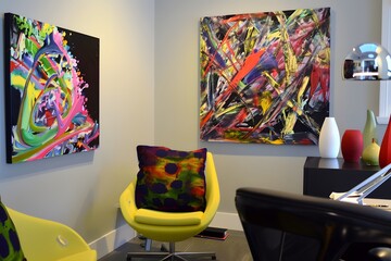 Vibrant art and modern decor in a stylish contemporary workspace.