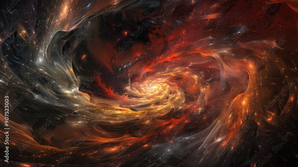 Poster abstract 3d swirls and curves in a cosmic backdrop, blending realism and creativity for digital visu