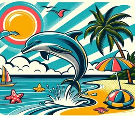 Obraz premium dolphin in the sea on the beach summer illustration