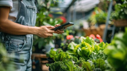 Obraz premium A woman's hands holding a smartphone, standing in a plant nursery. She is browsing online while surrounded by lush greenery.