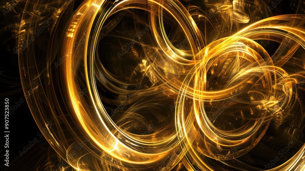 Poster abstract golden rings and circles in a dynamic pattern, enhancing visual interest in digital art and
