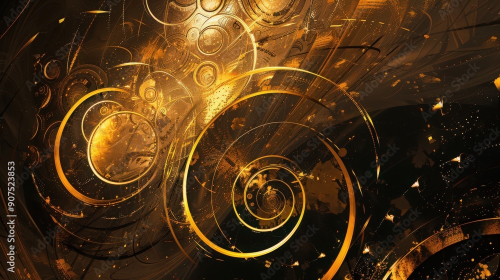 Poster abstract golden rings and circles in a dynamic pattern, enhancing visual interest in digital art and