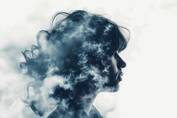Young woman combining with the cloudy sky showing concept of climate change