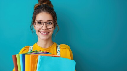 Young corporate woman with a stack of folders, standing with a bright smile against a blue background