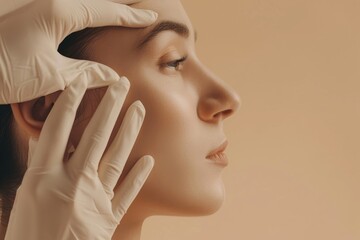Cosmetology, plastic surgery and beauty concept. Surgeon hands touching woman nose, consulting before rhinoplasty operation, beige background, side, Generative AI