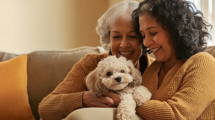 A joyful senior couple cuddles their fluffy dog on the couch, creating a warm and loving moment at home.