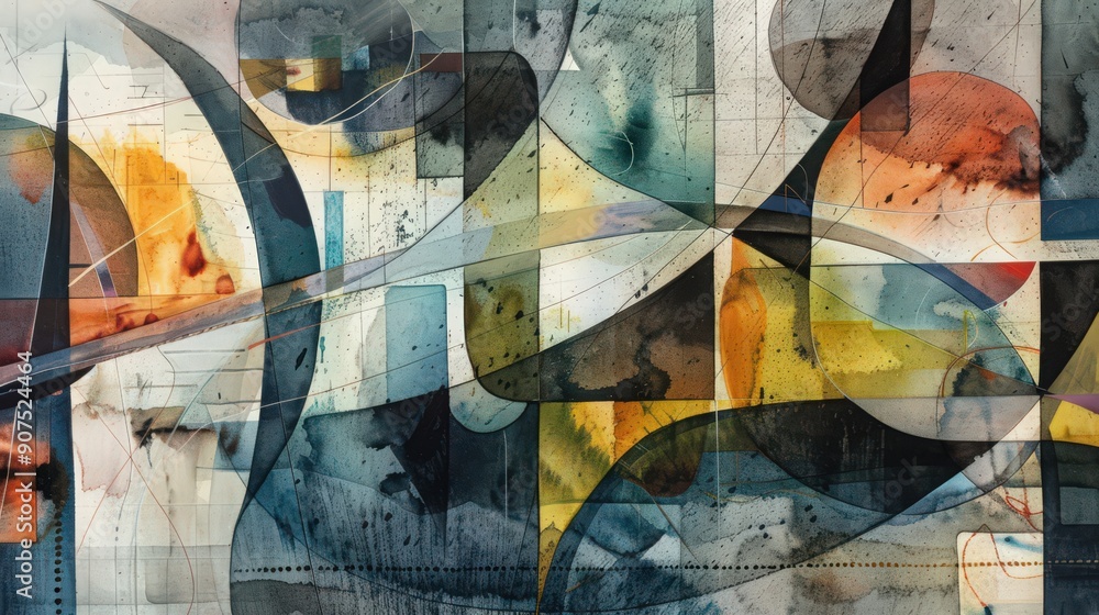 Poster abstract shapes and lines merge in an intriguing watercolor composition