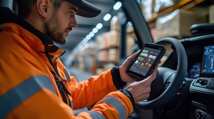 Fototapeta premium A delivery driver checks his route on a tablet while sitting in the cab of his truck.