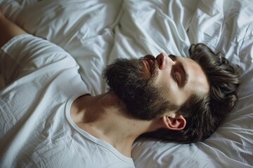 Close-up of handsome bearded man sleeping in bed at home enjoying good sleep, top view, copy space, Generative AI