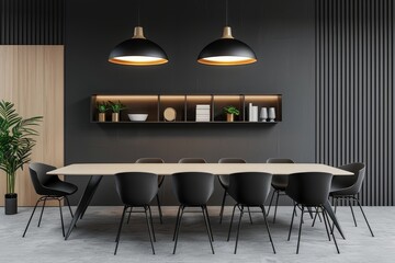 Modern office meeting room interior with table and chairs, shelf and mockup wall, Generative AI