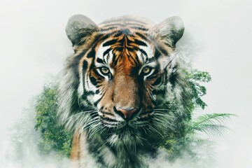 Obraz premium Majestic tiger emerging from jungle mist with intense stare