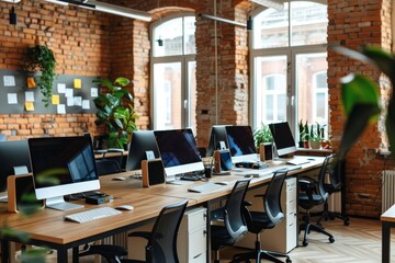 Office coworking interior with pc computers on desks, window. Mockup wall, Generative AI