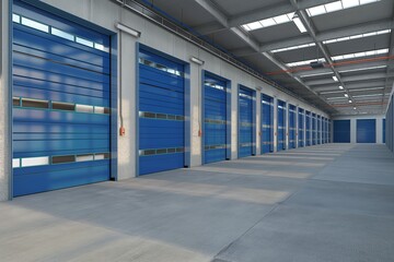 Obraz premium A large warehouse with blue doors and a lot of space. Scene is calm and organized