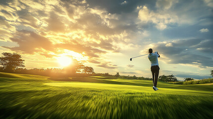 Golf player in motion, swinging the club on an open green field