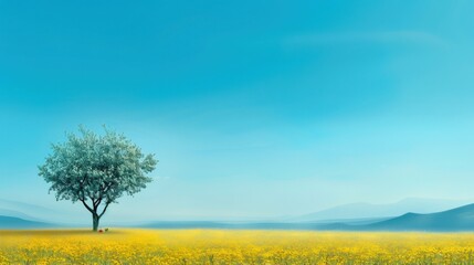 Solitary Tree in a Field of Yellow Flowers Under a Blue Sky