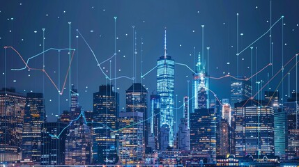 New York skyline, forex diagrams and stock market data with lines and dynamics, Generative AI