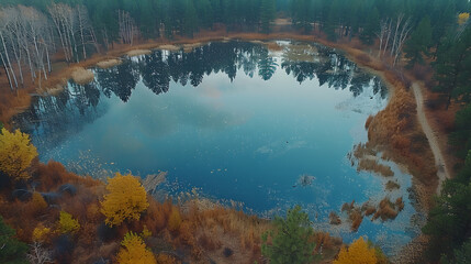 Fototapeta premium Aerial view of road with green forest by water of blue lakes.