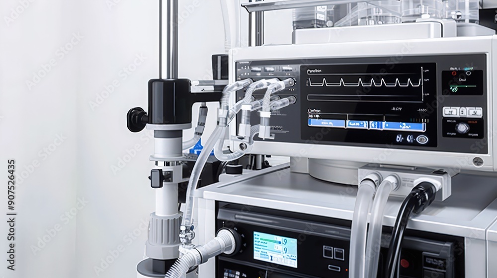 Poster an advanced anesthesia machine with detailed settings and monitoring capabilities, essential for sur