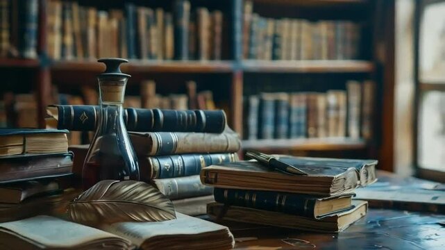 Vintage Library with Old Books, Quill Pen, and Inkwell