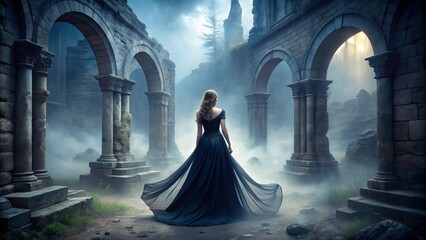 Mysterious woman in black velvet gown, walking through fog-filled ancient ruins