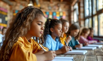 Education concept. Group of diverse preteen students writing school test, noting lesson in their copybooks, sitting at desks in classroom, Generative AI