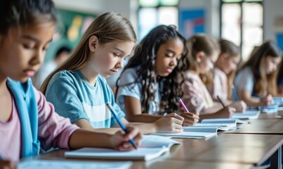 Education concept. Group of diverse preteen students writing school test, noting lesson in their copybooks, sitting at desks in classroom, Generative AI